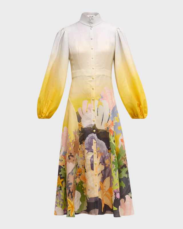 Nellie Coral-Print Balloon-Sleeve Midi Dress